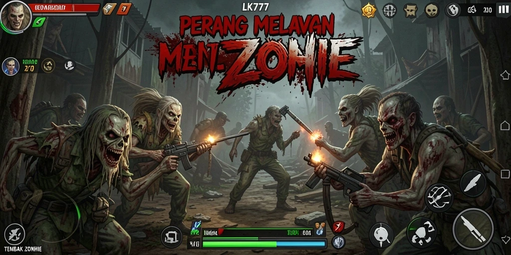 Tampilan utama LK777 dengan aksi menembak zombie yang intens.